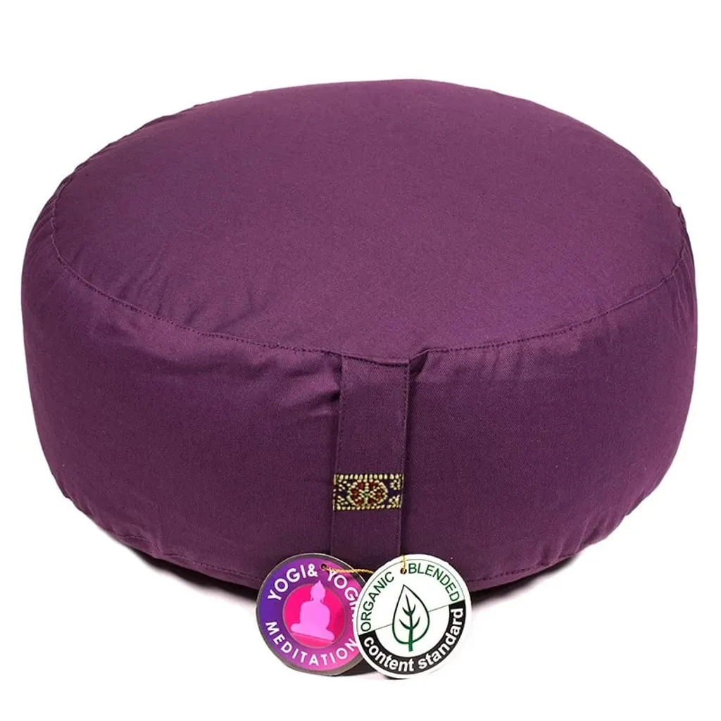 Zafu de méditation ergonomique en coton bio ocs violet, format 33x17