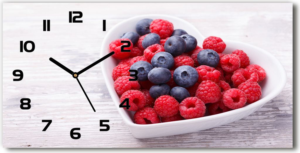 Wanduhr aus Glas – 60x30 cm - Glasbild - Glasuhr - Gehärtetes Glas - schwarze-zeiger - Himbeeren und Heidelbeeren