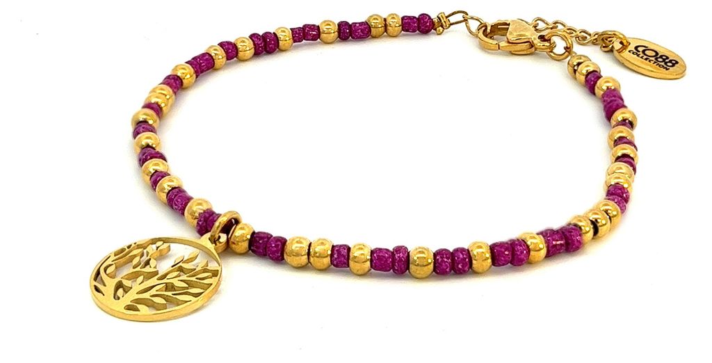CO88 Collection 8CB-91021 Stahlarmband mit Perlen – Damen – Goldfarben – 3 mm – Fuchsia – 2,5 mm – Herz – 5 mm – 16,5 + 3 cm