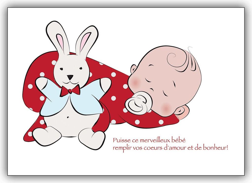 4x französische Babykarte mit schlafendem Baby und Stoffhasen