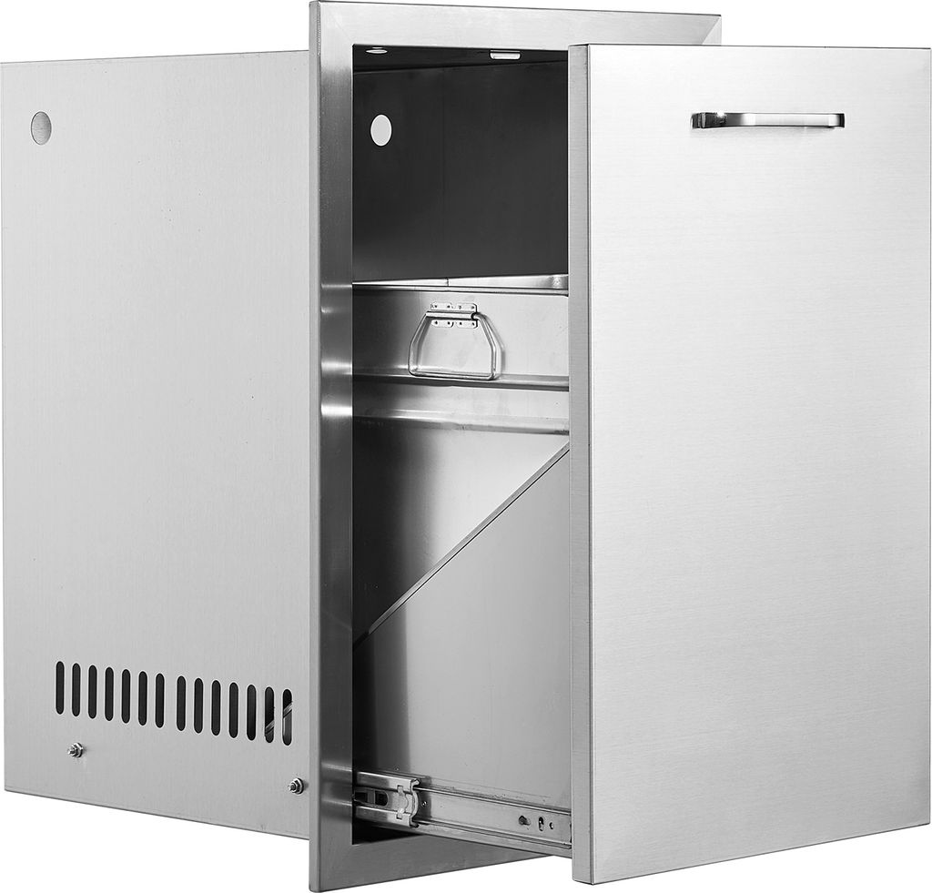 A stainless steel outdoor kitchen drawer with the drawer partially pulled out.