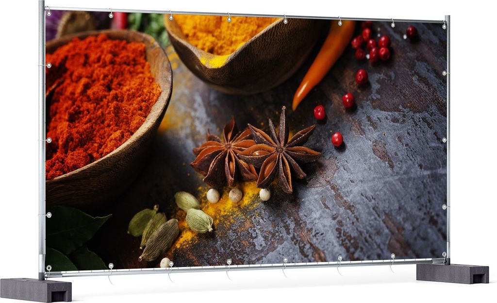 Wallario XXL Outdoor-Poster für Garten oder Balkon, Motiv Exotische Gewürze auf einem Holztisch, in ca. 340 x 173 cm