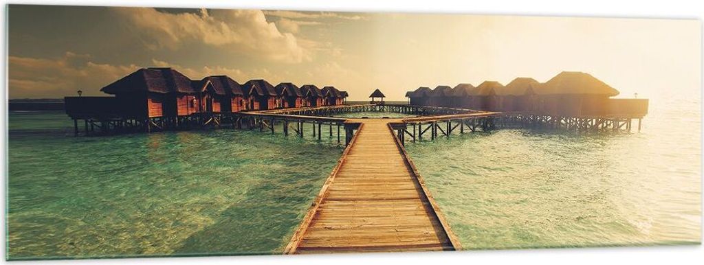 Bilder auf glas - Einteilig - Malediven Ferienhäuser Wasser - 160x50cm - Glasbilder - Wandbilder - Bilder - Wanddekoration aus Glas - Glas Bilder ...
