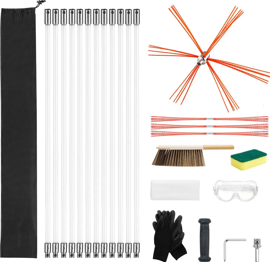 Kit Nettoyage Cheminée 12m Pliable à 90° pour Conduits de Poêles