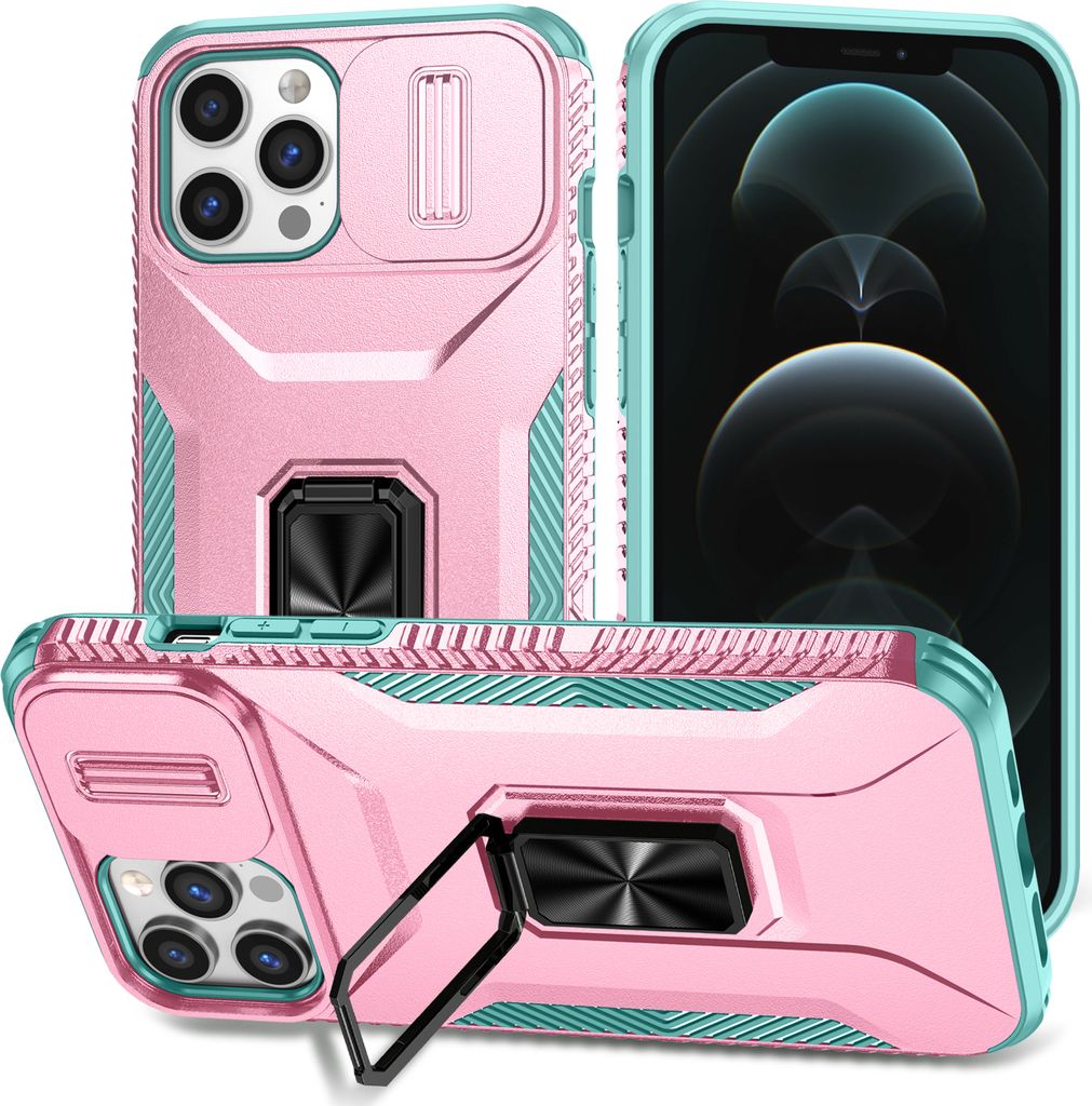 Handyhülle für iPhone 12 Pro Max Dual Layer Hülle mit Schiebe Kamera Schutz und Ringhalter Ständer Pink