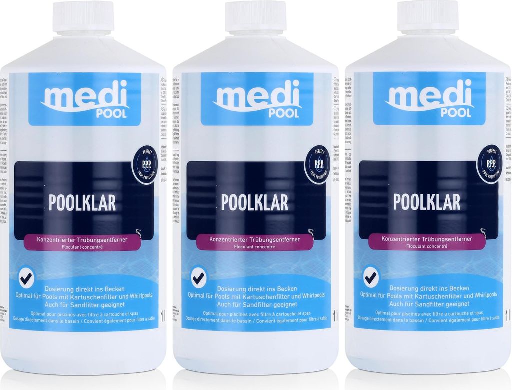 Three bottles of mediPOOL Poolklar concentrated cloudiness remover.