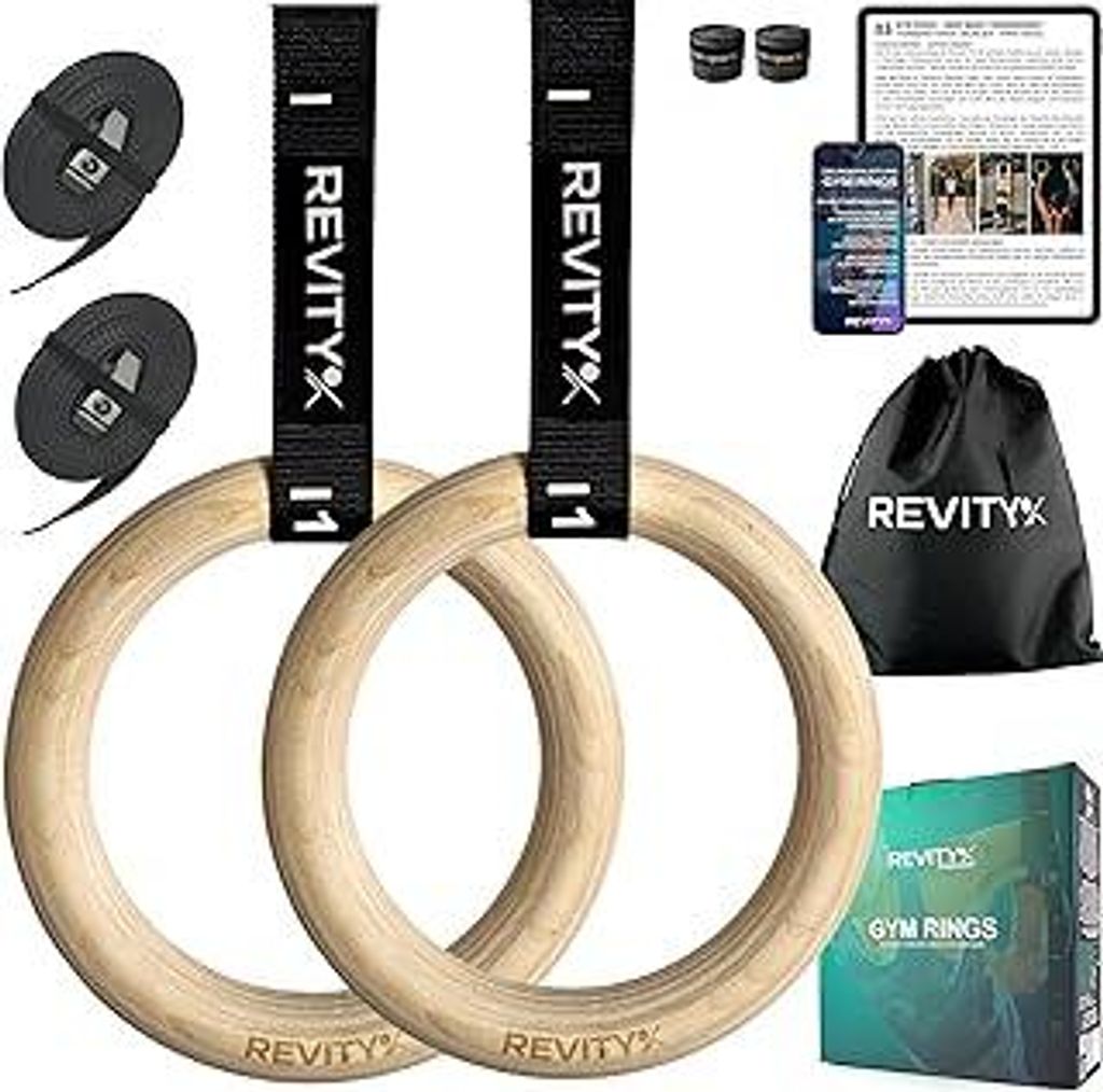 Turnringe Holz - Olympische Gymnastikringe für Crossfit, Ringe Calisthenics 32 mm, Gurte 450 x 3.8cm mit Markierungen, Maximale Belastung 250 kg, ...