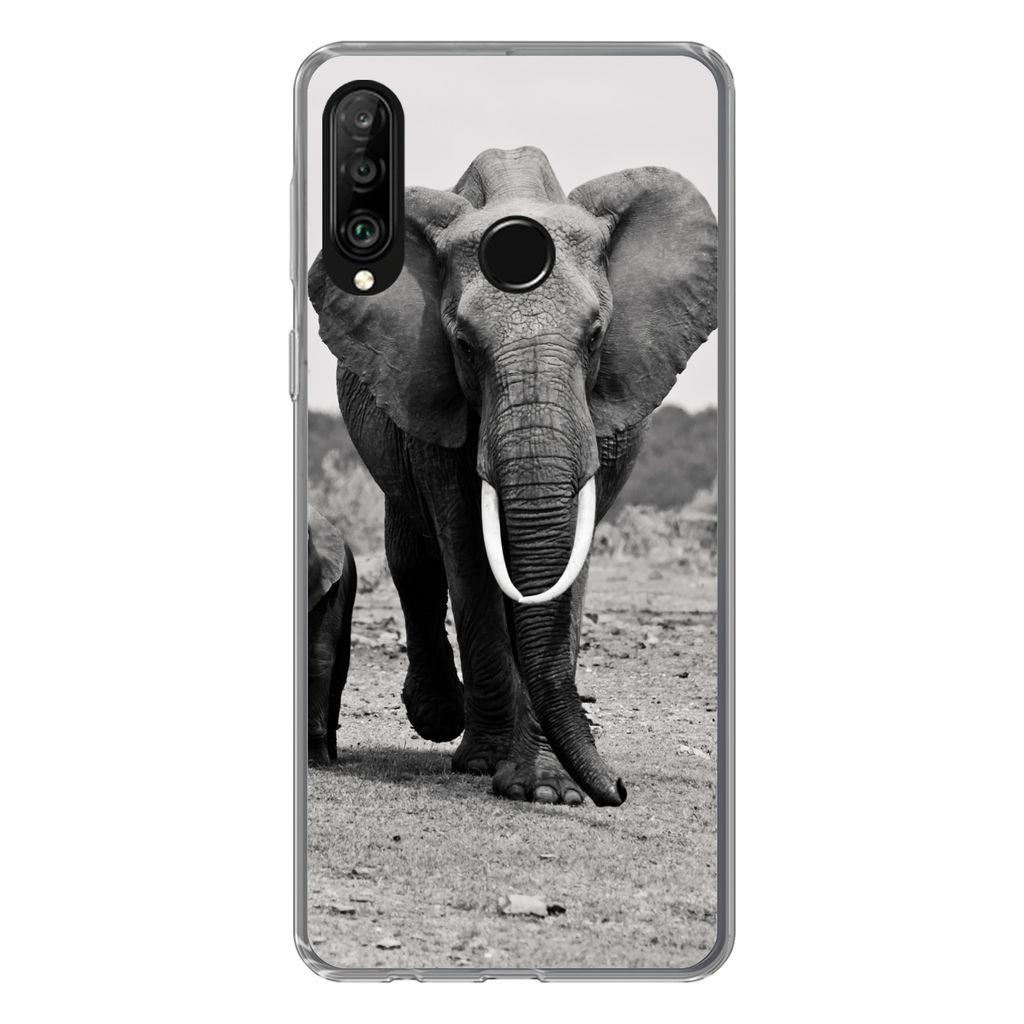 MuchoWow Handyhülle Schutzhülle Hülle für Huawei P30 Lite Elefant - Kind - Schwarz - Weiß Silikon Softcase Handy Hülle - Handyhülle