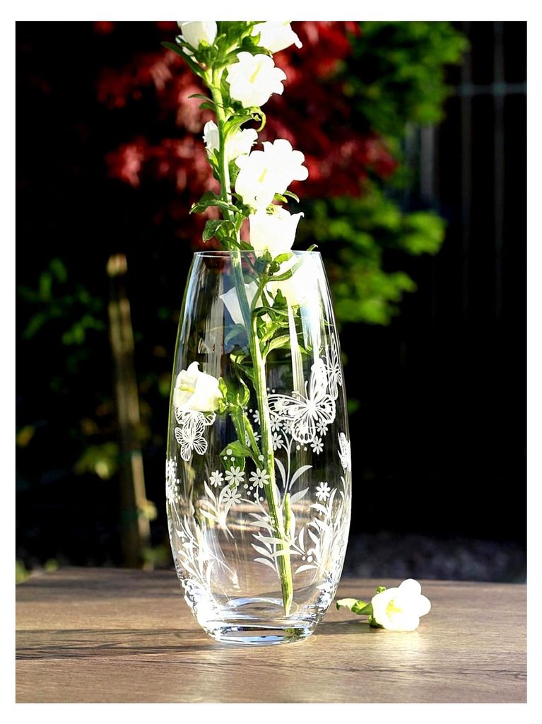 Glasvase mit botanischem Motiv - Handgefertigte große Blumenvasen aus bleifreiem Kristallglas, Geschenkverpackung - 1 Stück, 25 cm