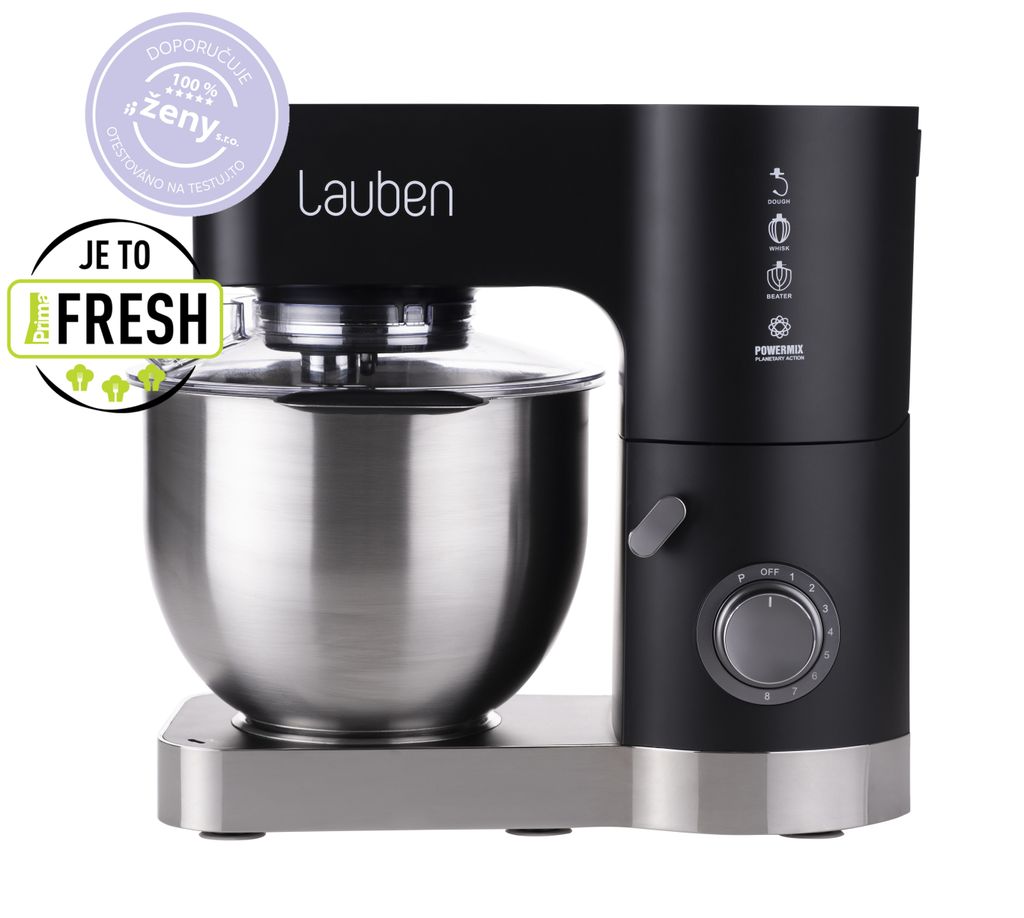 A black kitchen mixer with a silver bowl, displayed against a white background. Promotional badges are visible in the upper left corner.