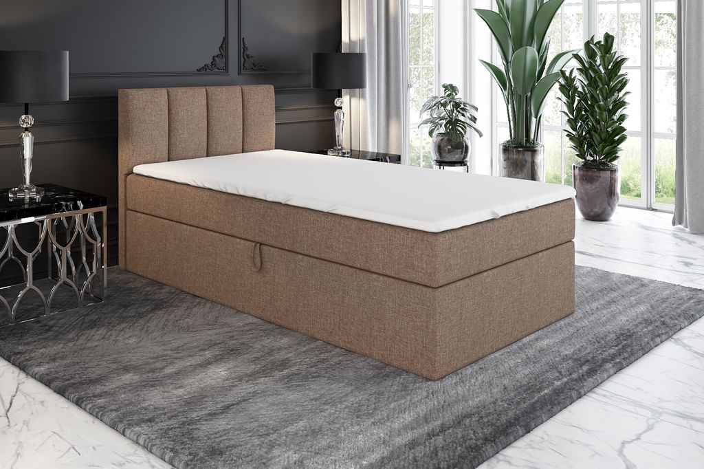 Boxspringbett, Jugendbett GUNNAR 80x200 (Rechts) mit Bettkästen, Bonell-Matratze und Topper. Farbe: Braun