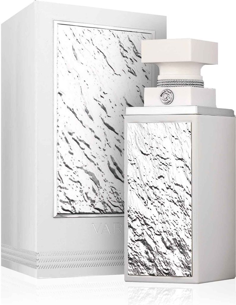 A white perfume bottle and its box, both decorated with a textured silver pattern.