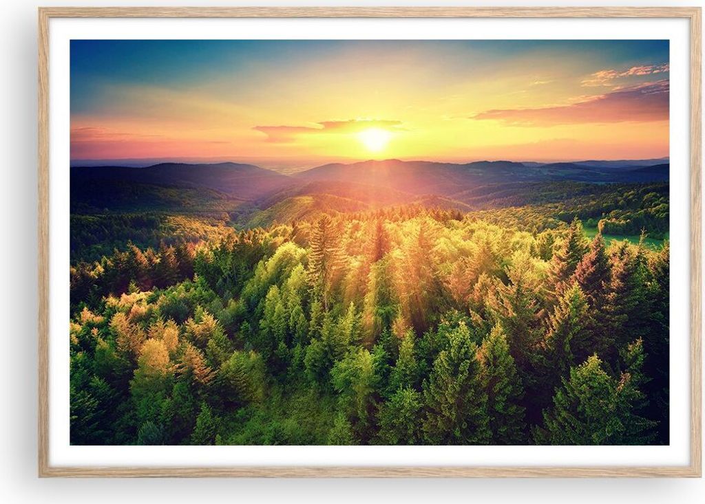 Gerahmtes Poster - Rahmen in heller Eiche - Berge Natur - 100x70 cm - Wand Bild - Wanddeko - Wandbilder - Kunstposter - Wandposter - Bilderrahmen -...