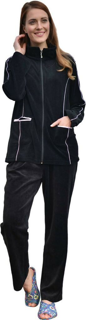 RAIKOU Damen Velours Nicki Freizeitanzug Hausanzug Nicki-Anzug mit Reißverschluss und Satinband Schwarz 48/50 XXL