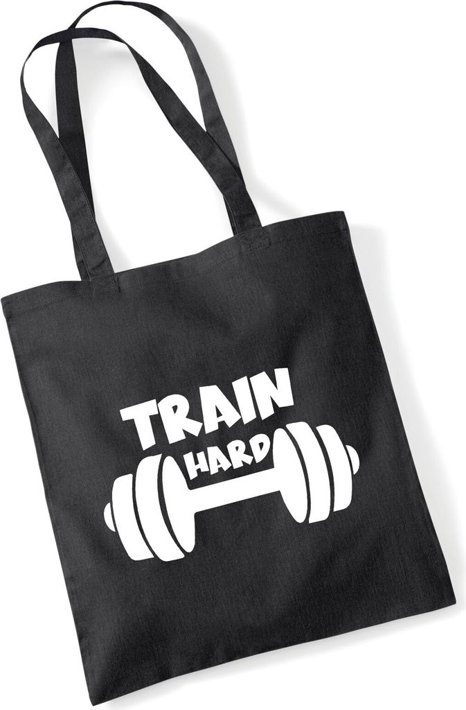 Huuraa Jutebeutel Train hard Hantel 10 Liter Black Baumwolle Tasche Geschenkidee
