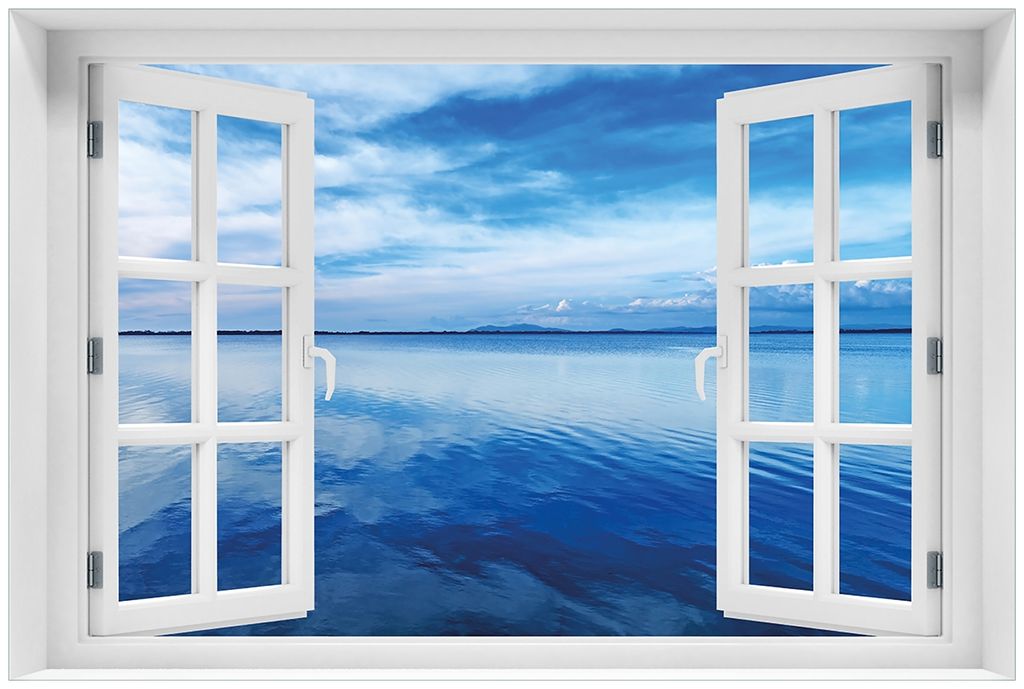 Wallario Premium Glasbild mit Fensterrahmen, freischwebende Optik, kräftige Farben, Größe 60 x 90 cm Motiv Blaue Meeresbucht in Italien mit Spie...