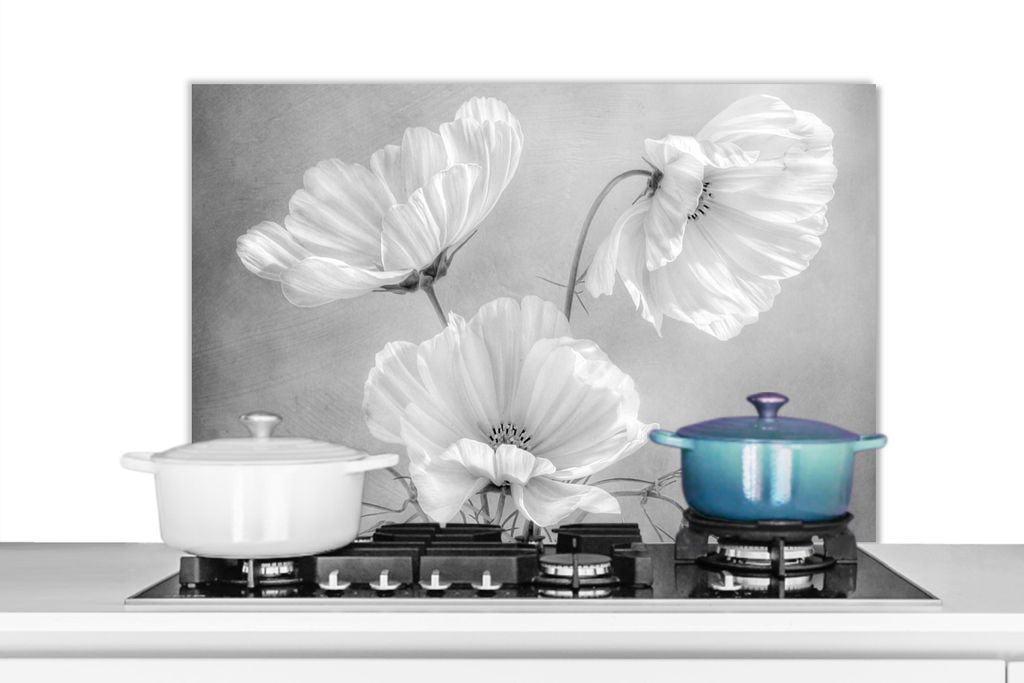 KitchenYeah Spritzschutz Küche - Küchenrückwand - Wandschutz für Herd und Spüle - Stilleben - Blumen - Schwarz und weiß - Mohn - Botanisch...
