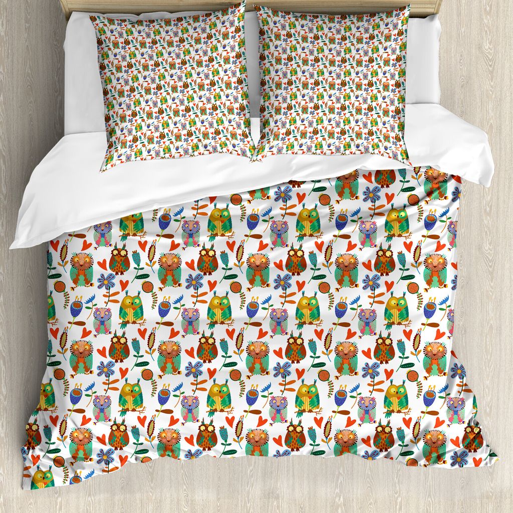 ABAKUHAUS Eule Drucken Bettbezug Set für Einzelbetten, Fröhlich Vögel Blumen, Milbensicher Allergiker geeignet mit Kissenbezug, 155 cm x 220 cm ...