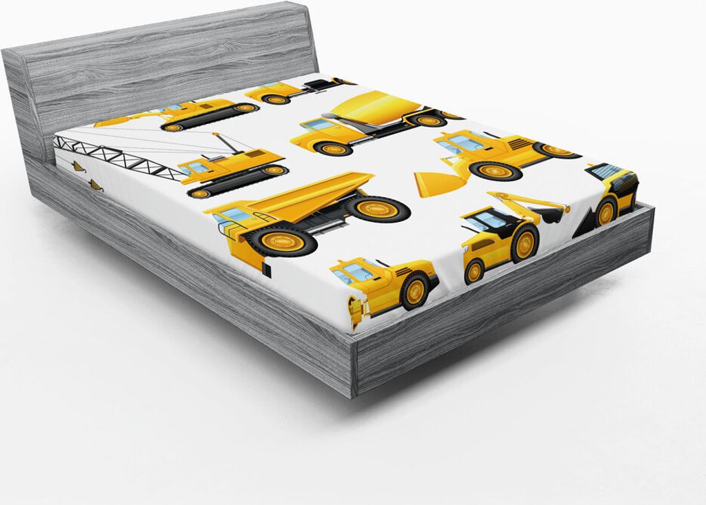 ABAKUHAUS Kindergarten Spannbetttuch, Zusammenfassung Bilder von Baufahrzeugen und Maschinen LKW Bulldozer Crane, 90 x 200 cm, Erde Gelb Schwarz