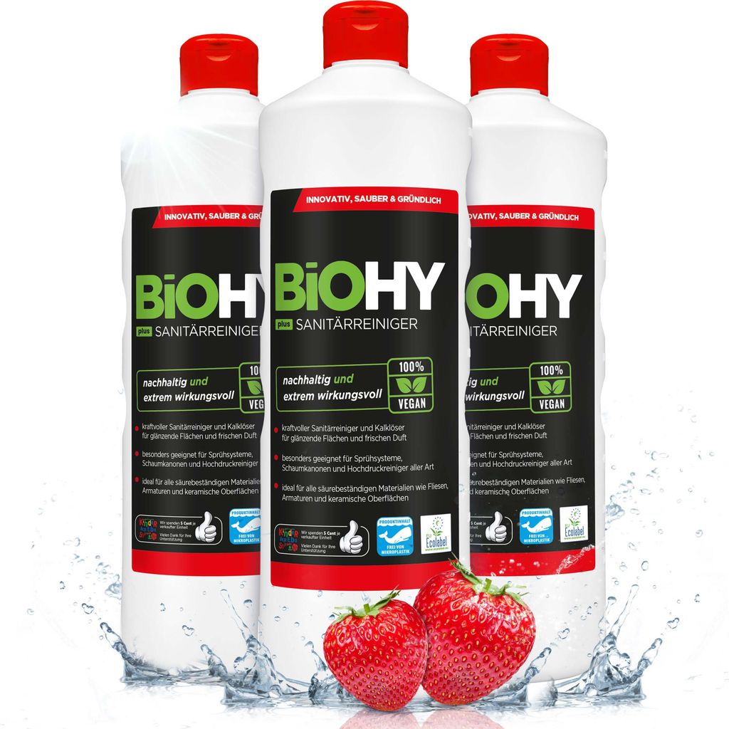 BiOHY Sanitärreiniger Plus, Badreiniger, Kalklöser, Badezimmer Reiniger – 3er Pack (3 x 1 Liter Flasche)
