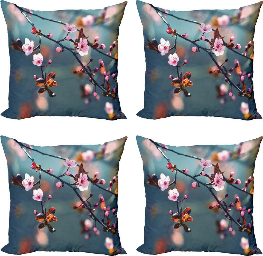 ABAKUHAUS Natur Kissenbezug Set (4 Stück), Blooming Sakura Blumen, Moderner Doppelseitiger Digitaldruck, 60 cm x 60 cm, Blassrosa orange