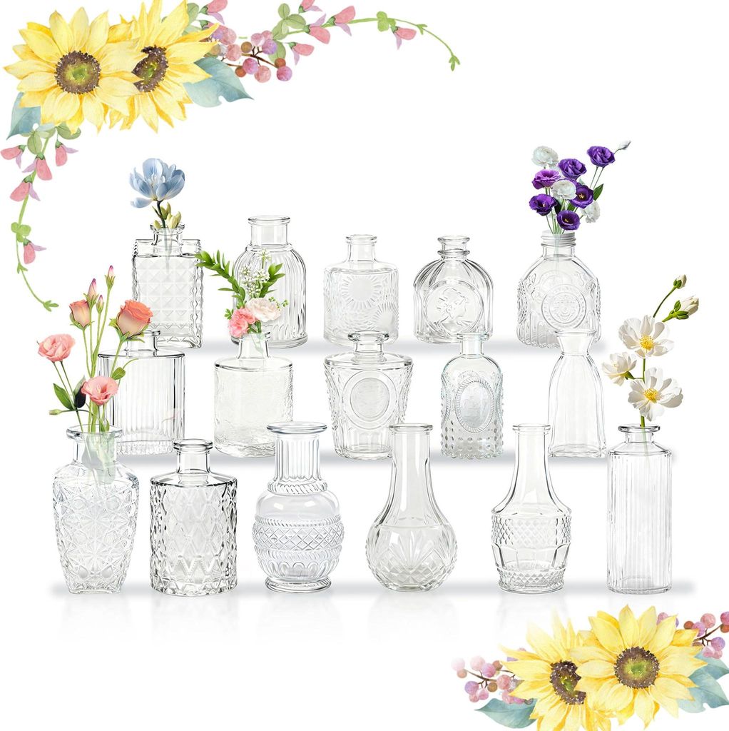 TWOLIIN Kleine Vasen für Tischdeko, Vintage Mini Blumenvasen, Glasvasen für Hochzeit, Babyparty, Wohnungsdeko, Kleine Dekovasen für Blumen Pflan...