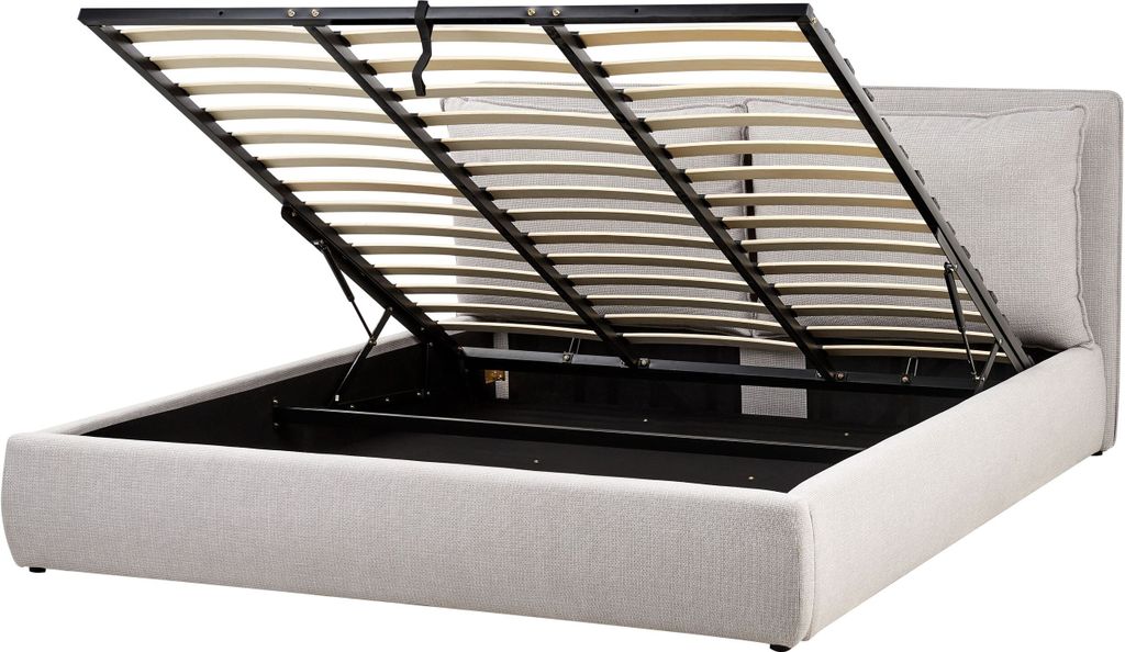 BELIANI Bett mit Bettkasten Hellgrau aus Stoff Gepolstert 180 x 200 cm Lattenrost Hochklappbar Hohes Kopfteil Stauraum Modern Doppelbett Schlafzimmer