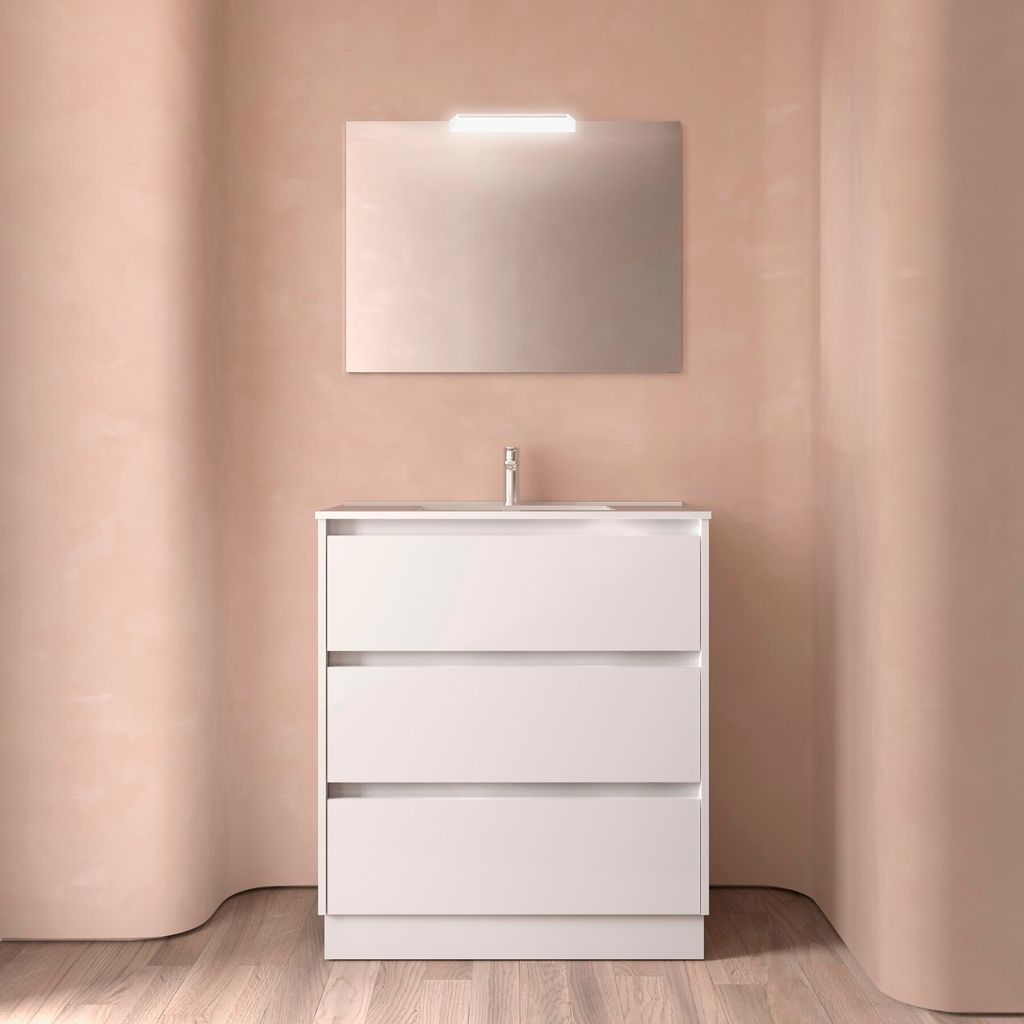 Noja Komplett-Set 800 3 Schubladen WHITE GLOSS + Waschtisch + Spiegel + Leuchte