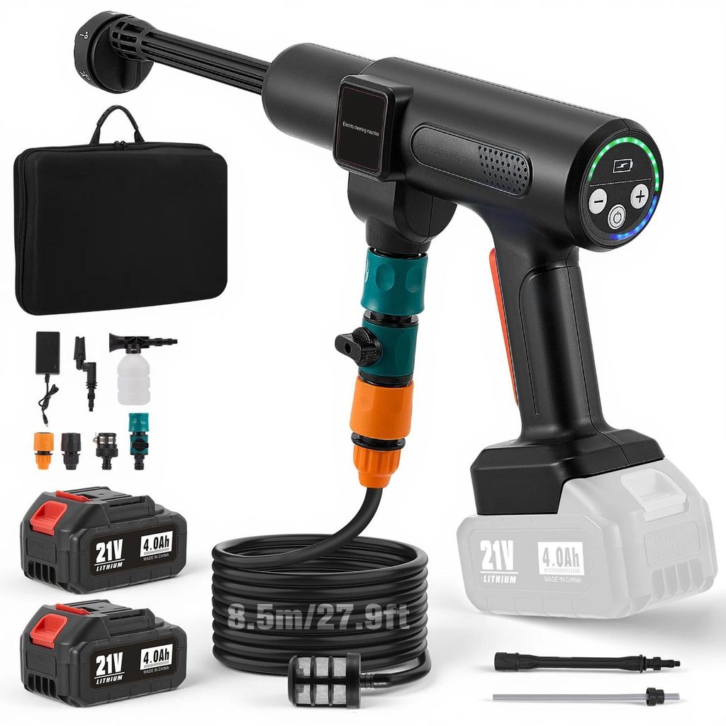 Akku Hochdruckreiniger - Kabellose 1200 PSI 800W Wasserpistole - Mit 2 Akkus - Für Auto- und Gartenreinigung - Schwarz