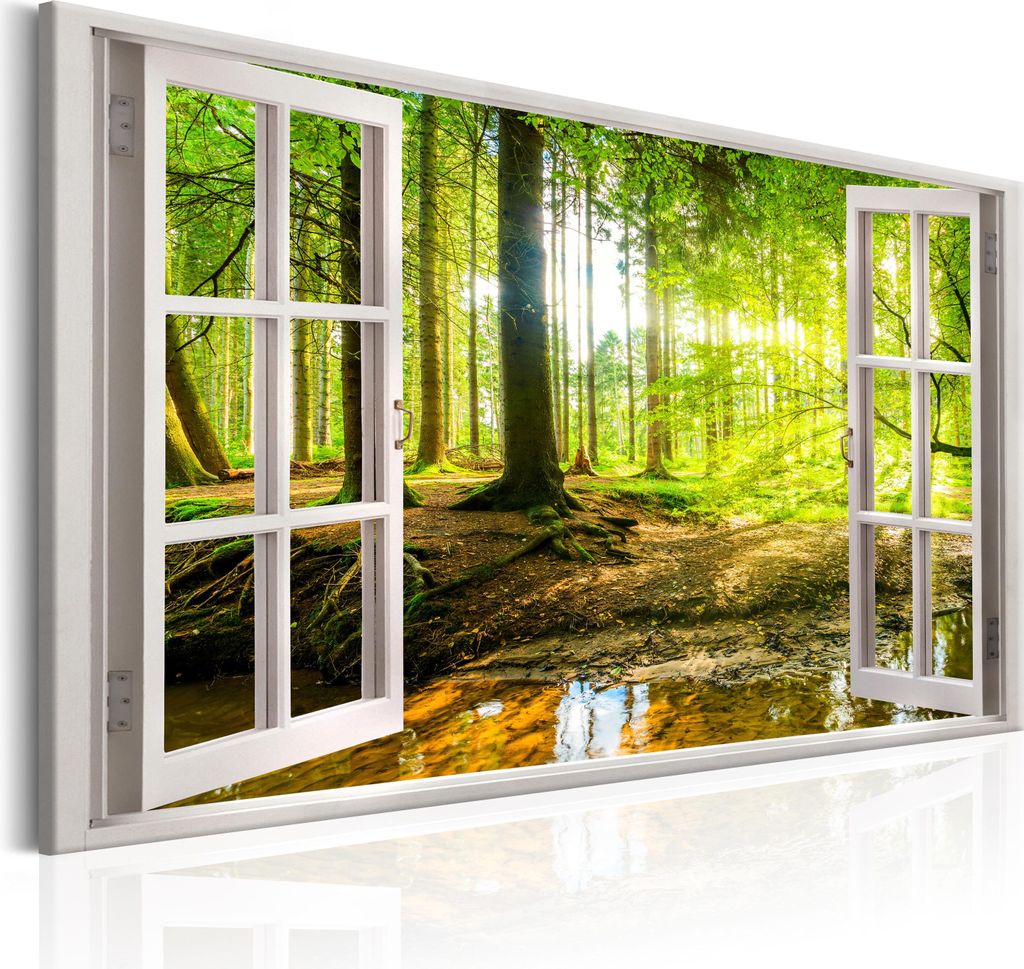 Modernes Wandbild Fensterblick 90x60 - 1 Teile Bilder Fotografie auf Vlies Leinwand Foto Bild Dekoration Wand Bilder Kunstdruck Wald grün c-C-0084...