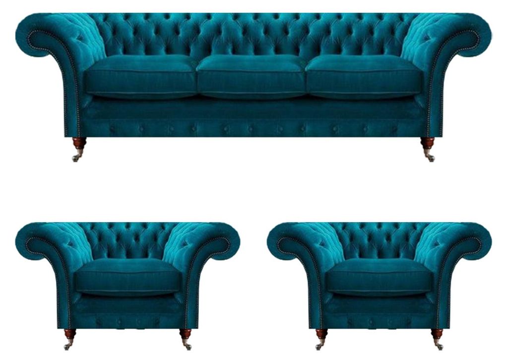 Chesterfield Blaue Couchen Polstersofas Wohnzimmer Textil Sitzmöbel 3tlg