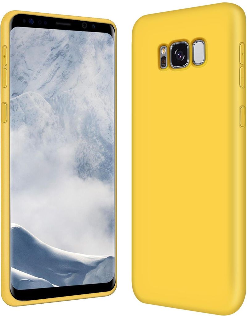 A yellow phone case is shown from two angles, with a phone inside the case on the left.