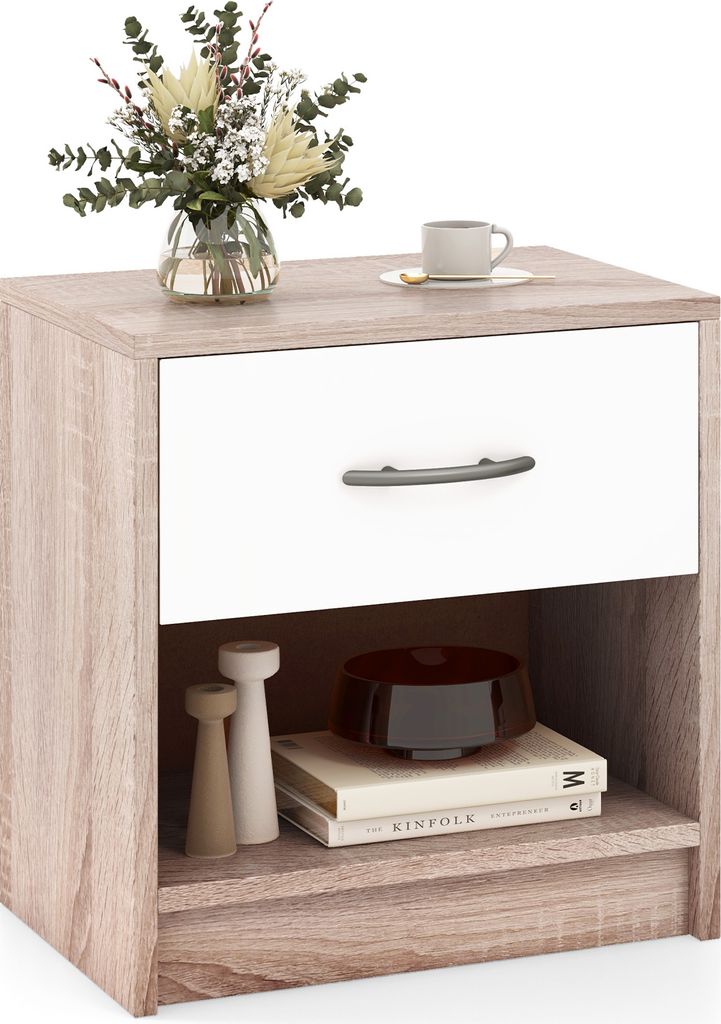 COSTWAY Nachttisch mit Schublade & offenem Fach, kleiner Beistelltisch, Sofatisch, Nachtkommode, Nachtkonsole 38,5x28x40,5cm Natur, Weiß
