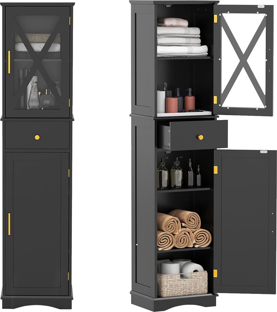 Hohes Badezimmerschrank, schmaler Wäscheschrank mit 2 Türen, 1 Schublade & 3 verstellbaren Regalen, 40x30x168 cm(Schwarz)