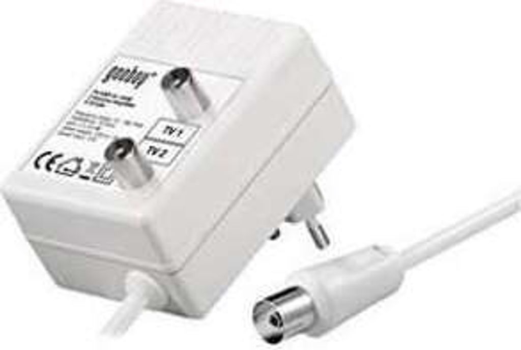 A white antenna amplifier with two coaxial connectors and a power plug, along with a coaxial cable with a connector.