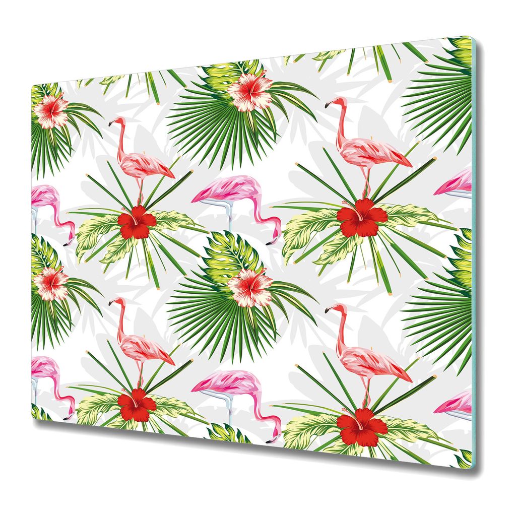 Küchenschneidebrett - Glasschneidebrett - Herdabdeckung - 60x52 - Flamingos und Pflanzen