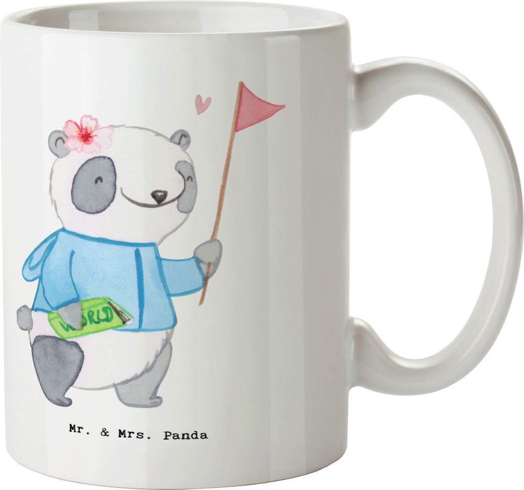 Mr. & Mrs. Panda Tasse Reiseleiterin Herz - Weiß - Geschenk, Kaffeebecher, Becher, schöne, Keramiktasse, Teetasse