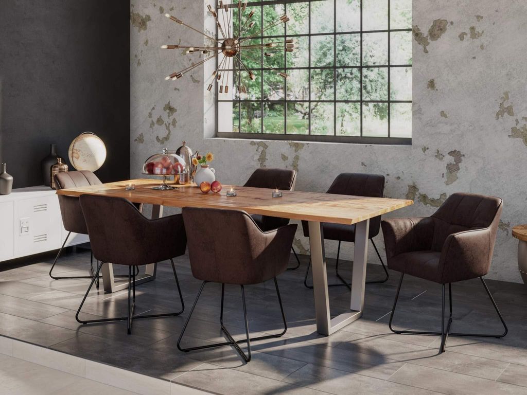7tlg. Essgruppe Dora 200 x 100 cm, Mangoholz massiv & naturfarben, Baumkantentisch mit V-Metallgestell in Silber + 6X Stuhl Kirin in Wildleder-Optik