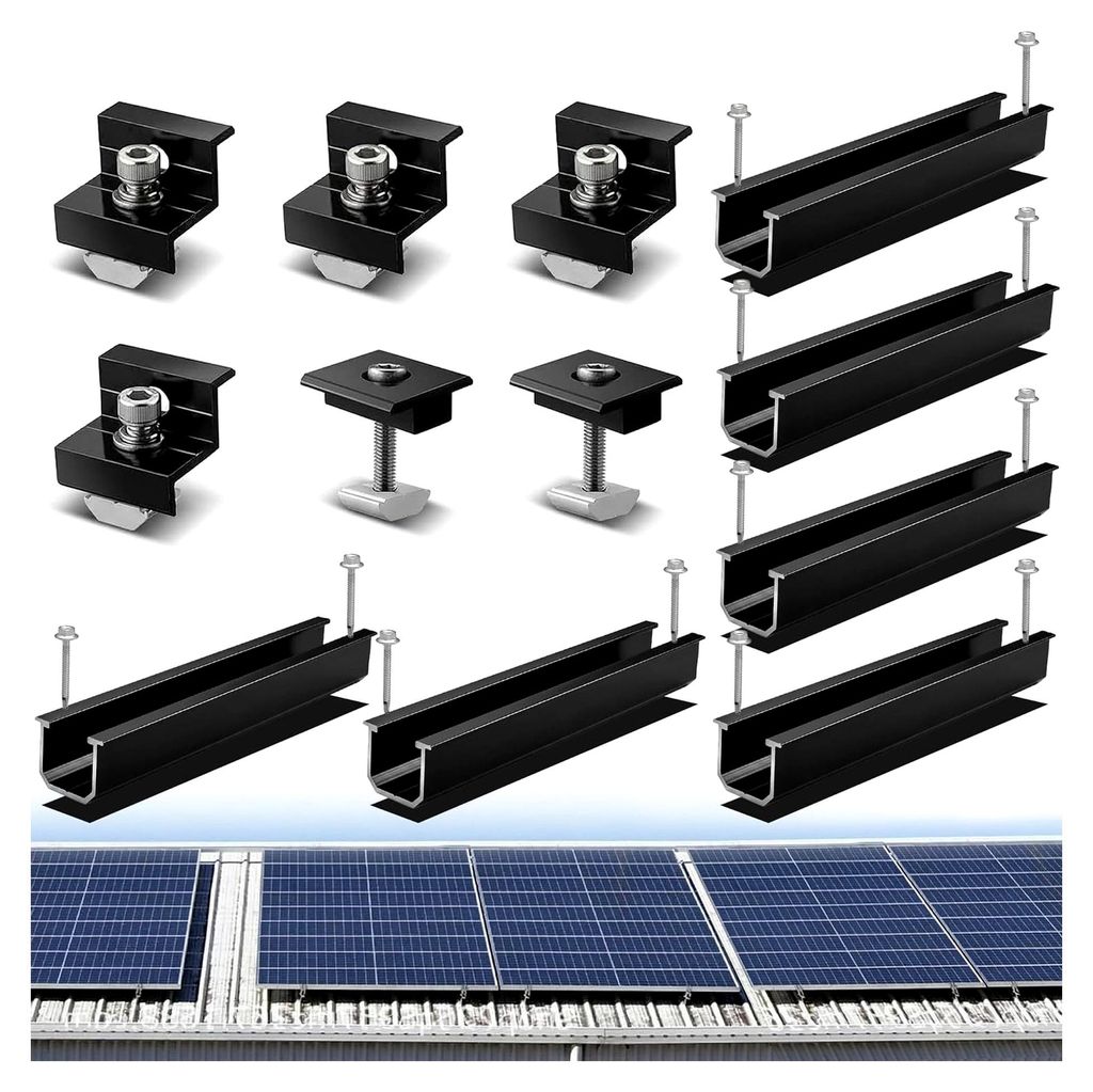 Endklemmen-Kit für Solarmodule: Halterung mit 12 cm Aluprofil-Schienen & Klemmen für 30 - 35 mm Dicke, verstellbar für Flachdächer, Trapezblech...