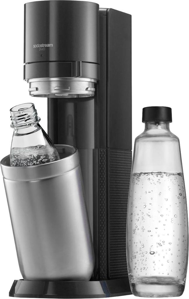 A SodaStream Titan water carbonator with two bottles, one in use and one empty.