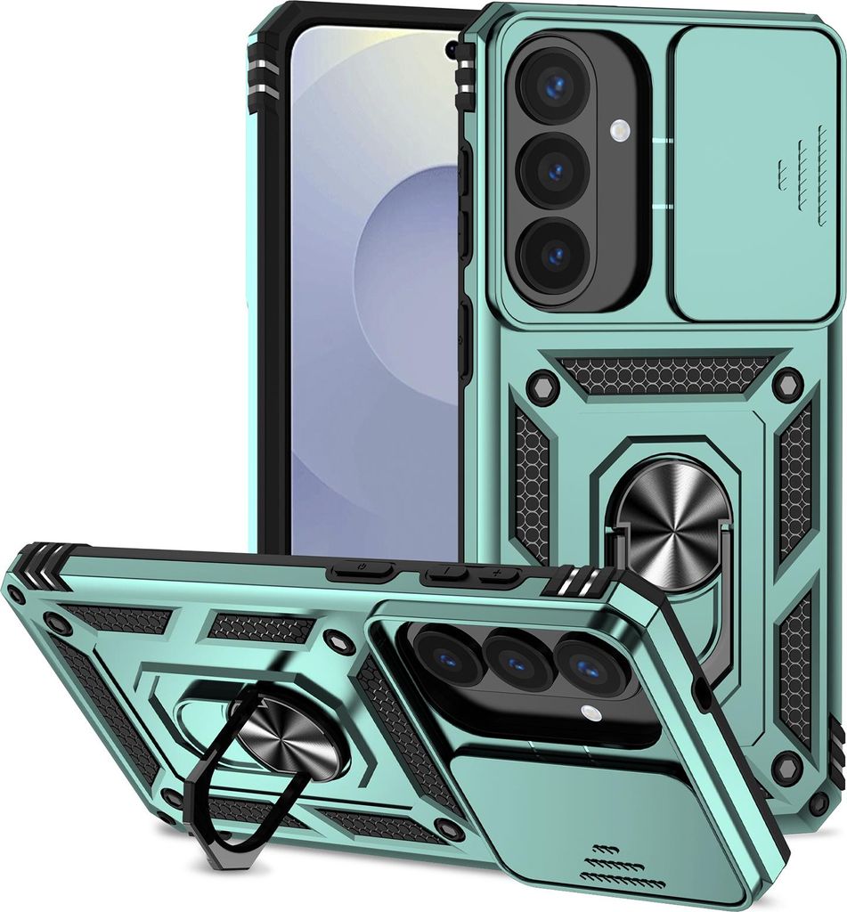 Galaxy S26+ Hülle mit Schiebe Kamera Schutz und Ringhalter Ständer Robust Rüstung Schutzhülle für Samsung Galaxy S26+ Grün