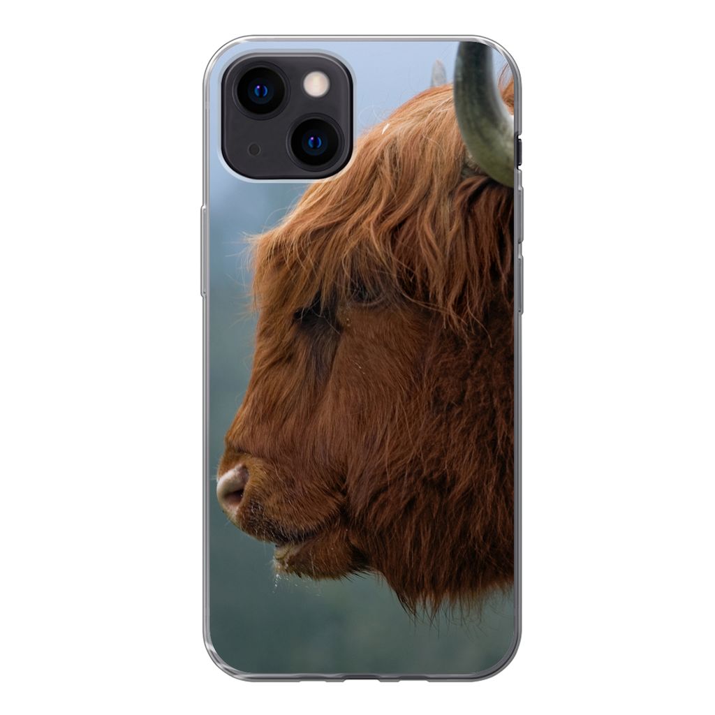 MuchoWow Handyhülle Schutzhülle Hülle für iPhone 13 mini Schottische Highlander - Tiere - Nebel Silikon Softcase Handy Hülle - Softcase
