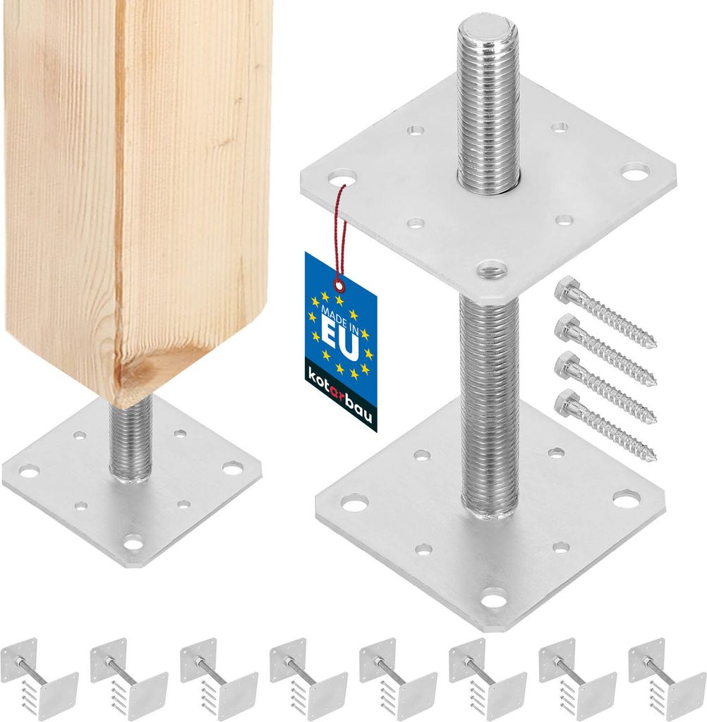 A product shot of adjustable post bases and screws, with a wooden post attached to one of them.