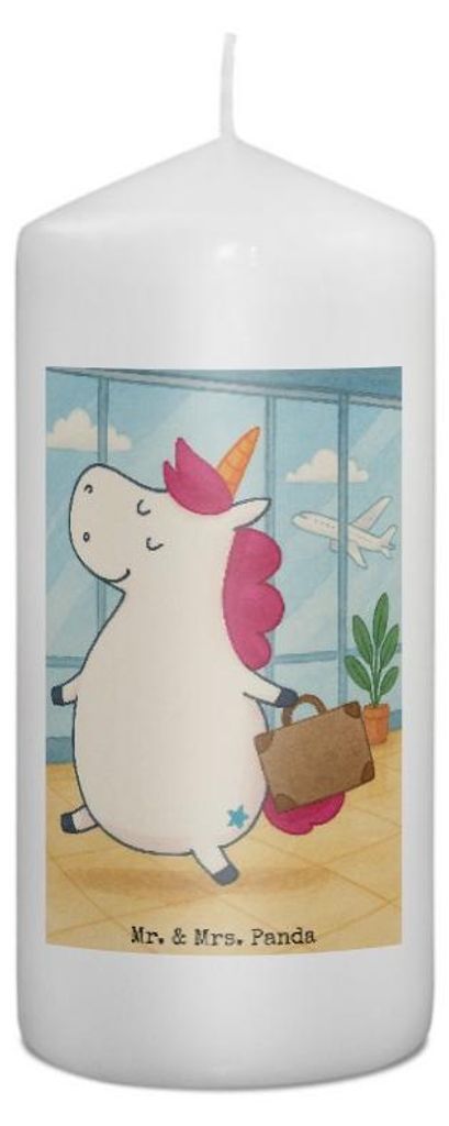 Mr. & Mrs. Panda Kerze Einhorn Koffer Design 15 x 7 cm - Weiß - Geschenk, Einhörner, Reise, Erinnerungslicht, Unicorn, Verreisen, Abenteuer, Stum...