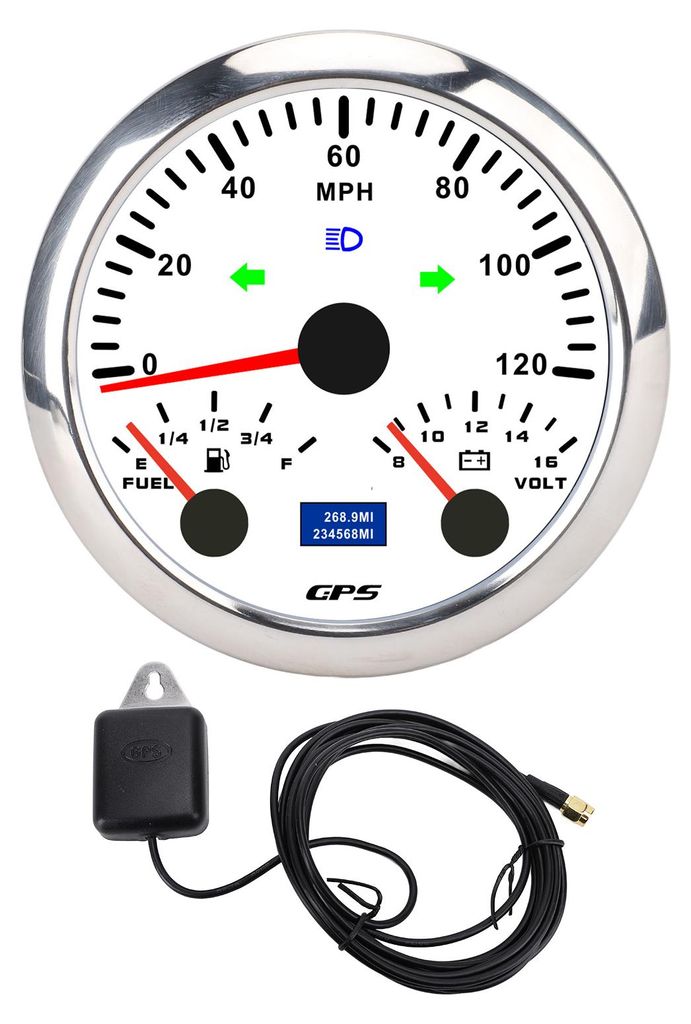 85 mm 3-3/8 Zoll 3-in-1 GPS-Tachometer Kilometerzähler mit Voltmeter, Kraftstoffstandsanzeige, Blinker, 120 MPH für Wohnmobil, Yacht, LKW, 7-farb...