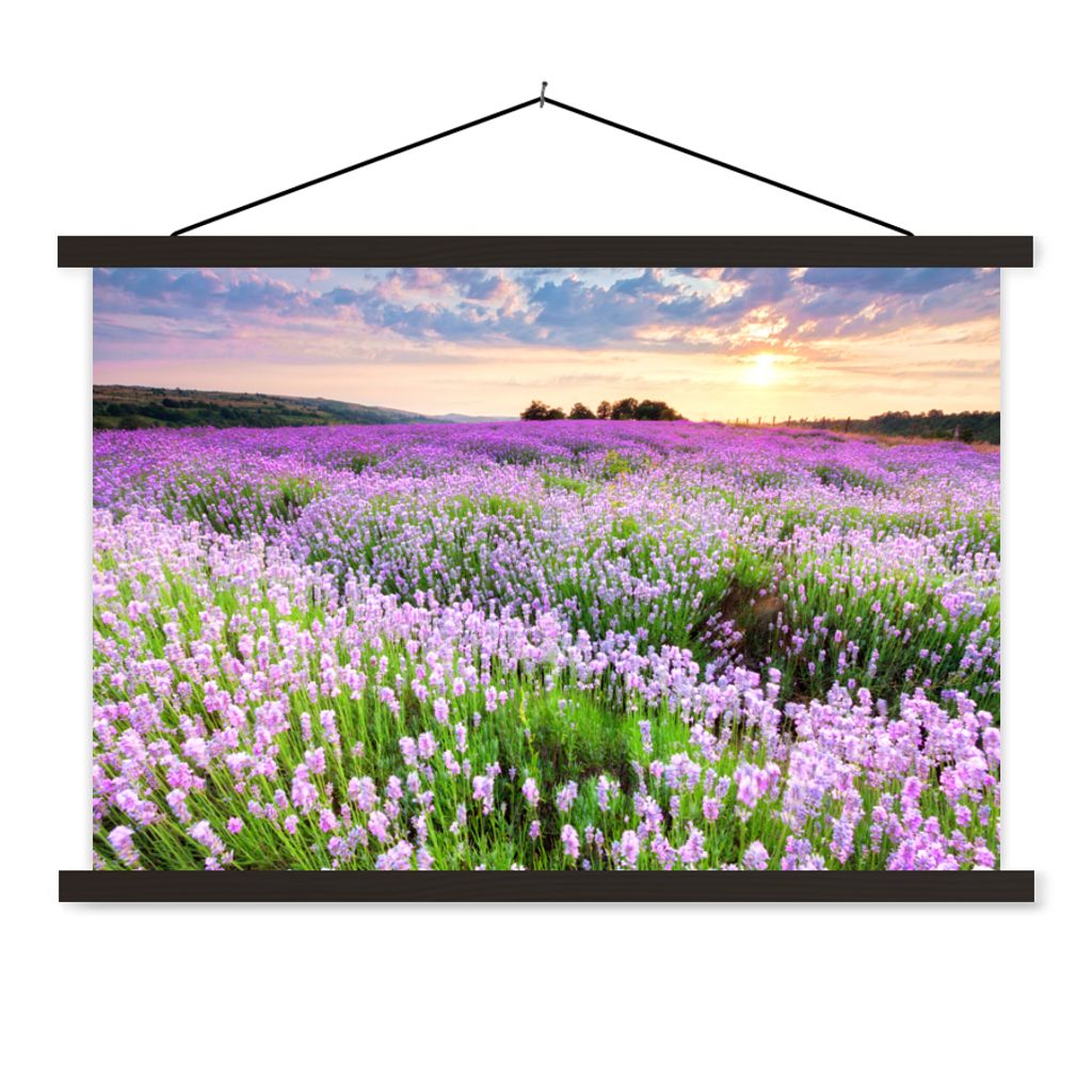 MuchoWow Textilposter Blumen - Lavendel - Lila - Himmel - Sonnenuntergang - Wiese - Natur 120x80 cm mit schwarzem Rahmen - Wanddeko