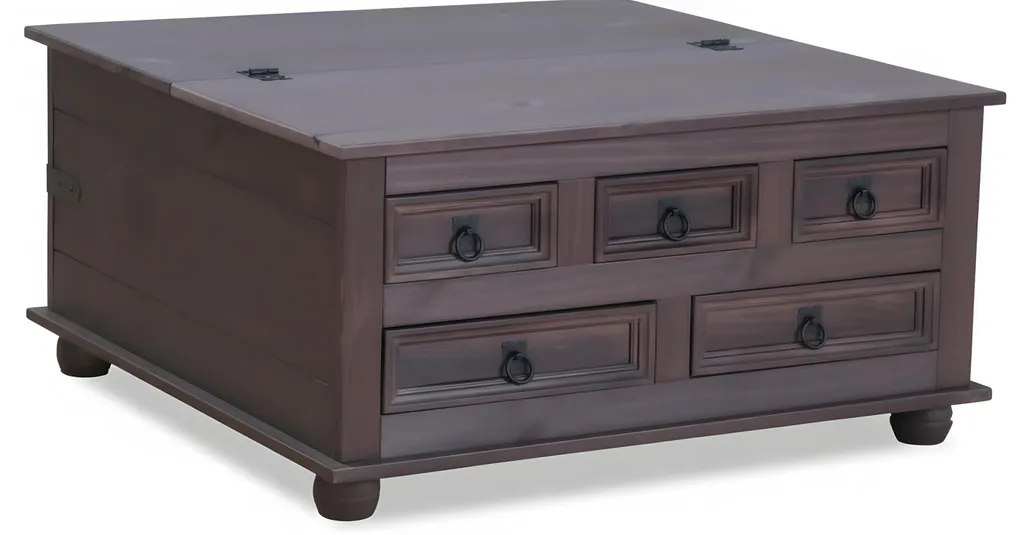 Table basse avec 5 tiroirs de rangement 91x91, pin massif style mexicain