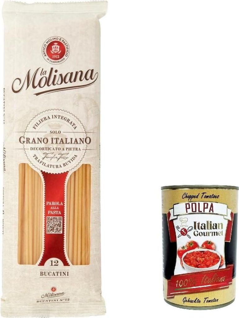 20x La Molisana Bucatini N. 12 Pasta Lenta Lavorazione Teigwaren aus Hartweizengrieß Bronze-Zeichnung 500g + Italian Gourmet Polpa 400g