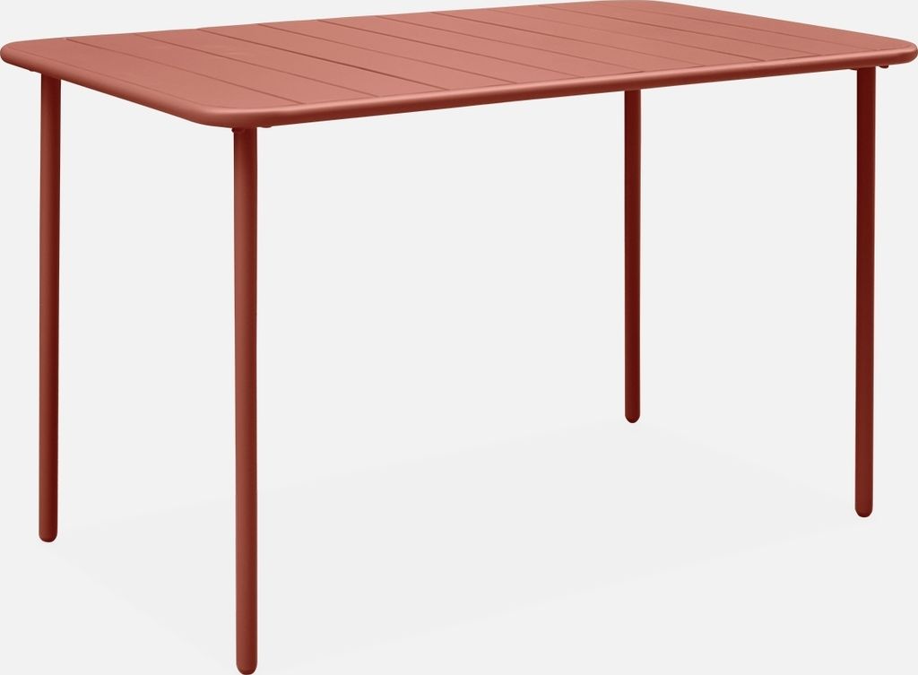 A terracotta-colored metal garden table with a slatted top and four legs, shown against a white background.