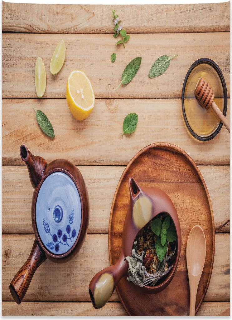 Abakuhaus Tee-Party Wandteppich, Kräutertopf Rustikal aus Weiches Mikrofaser Stoff Kein Verblassen Klare Farben Waschbar, 110 x 150 cm, Mehrfarbig